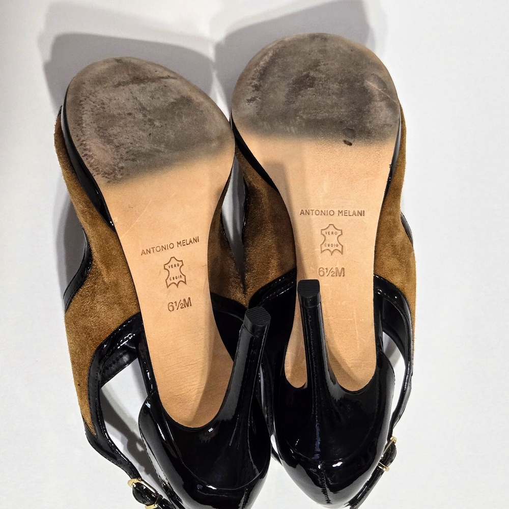 Antonio Melani Heels Black And Tan/Brown Strappy Peep-toe - Picture 6 of 8
